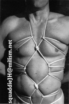 squaddie John wearing rope harness applied tight